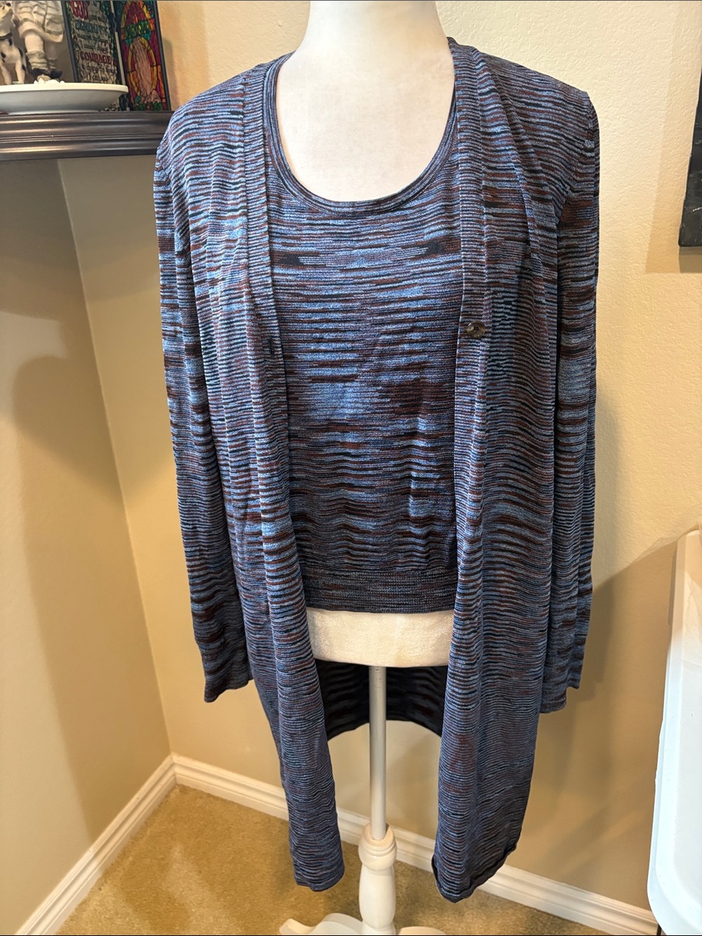 Jones New York Blue and Brown Space-Dye Cardigan Set-Size L